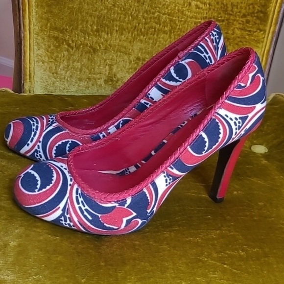 TORY BURCH Red and Navy Canvas 4" Heels Size 9 - Picture 6 of 10